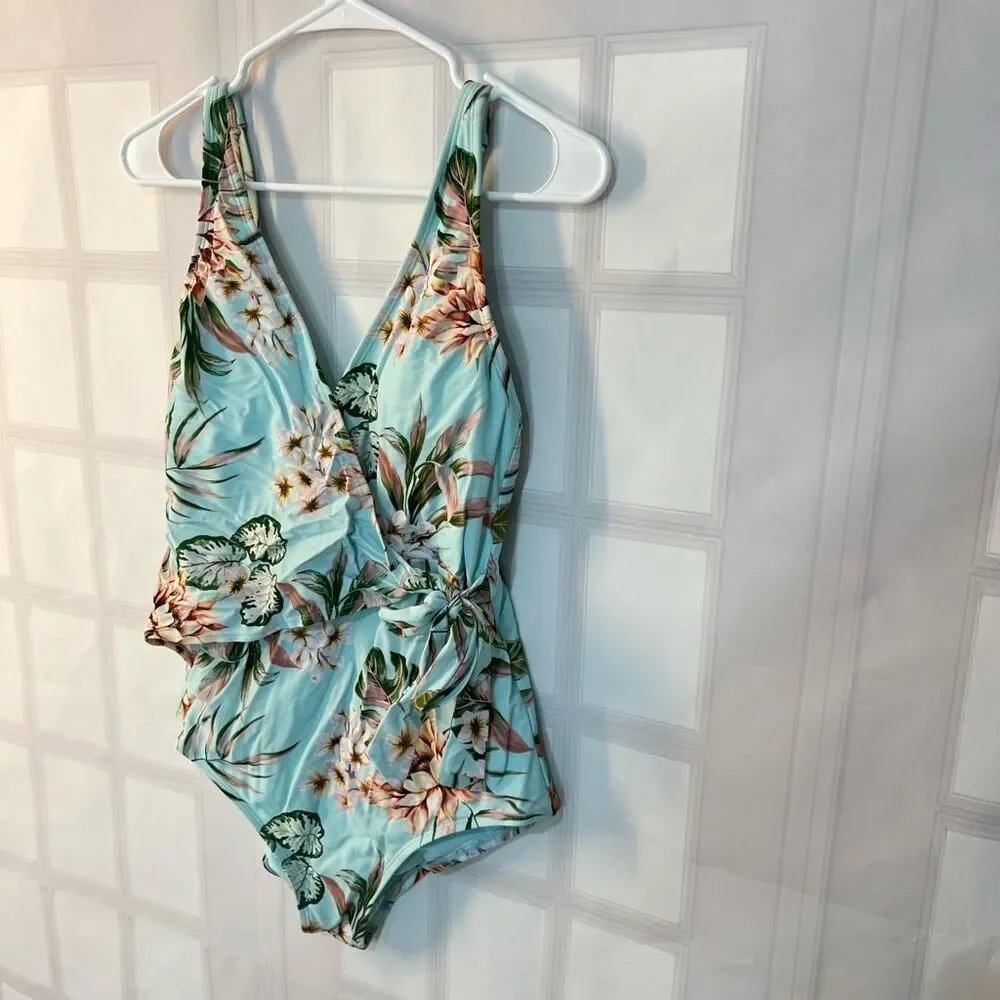 Kona Sol Blue Floral Stretch Wrap Tie Waist One Piece Swimsuit Size Medium